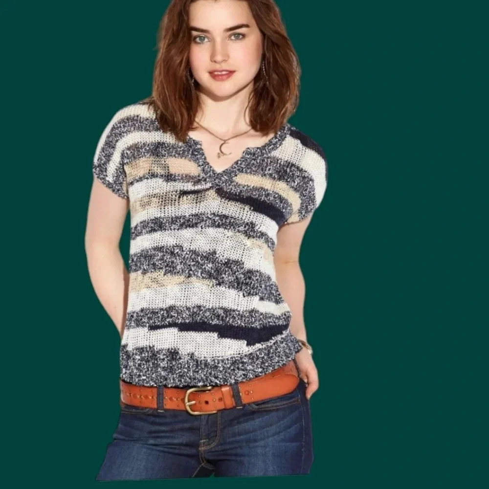 Lucky brand Bernice space dye sweater top short sleeve size Small blue/beige